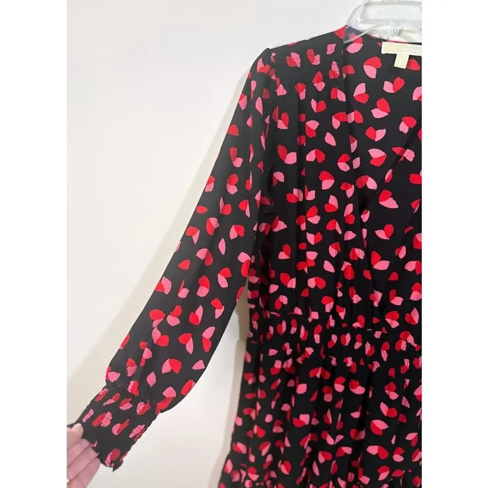 Michael Kors Red‎ Pink Black Long Sleeve Petal Crepe Wrap Ruffle Dress Size XL